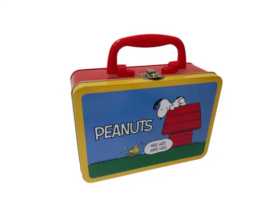 長方形のスーツケースブリキの箱プラスチックハンドル付きカスタムメタルランチボックスロックとキーハンドル付きブリキの箱